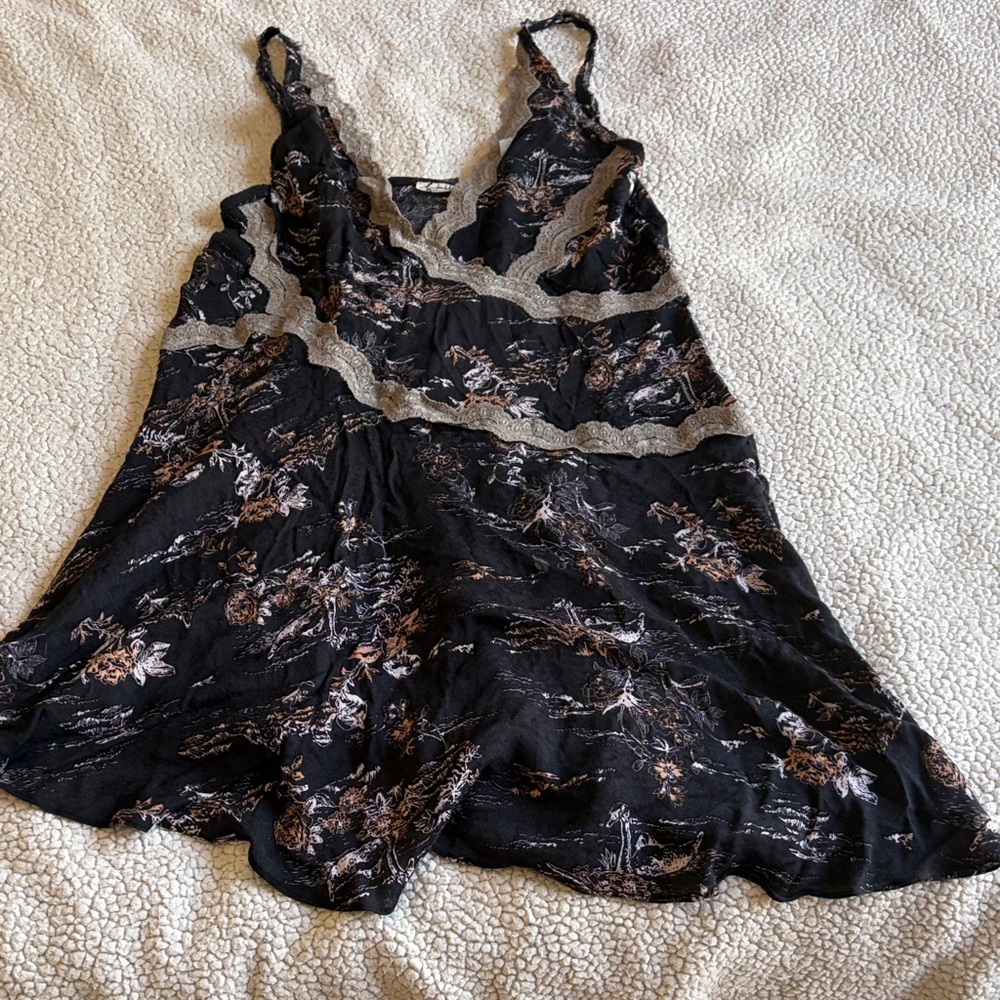 Free People Black Floral Lace-Trim Slip Dress